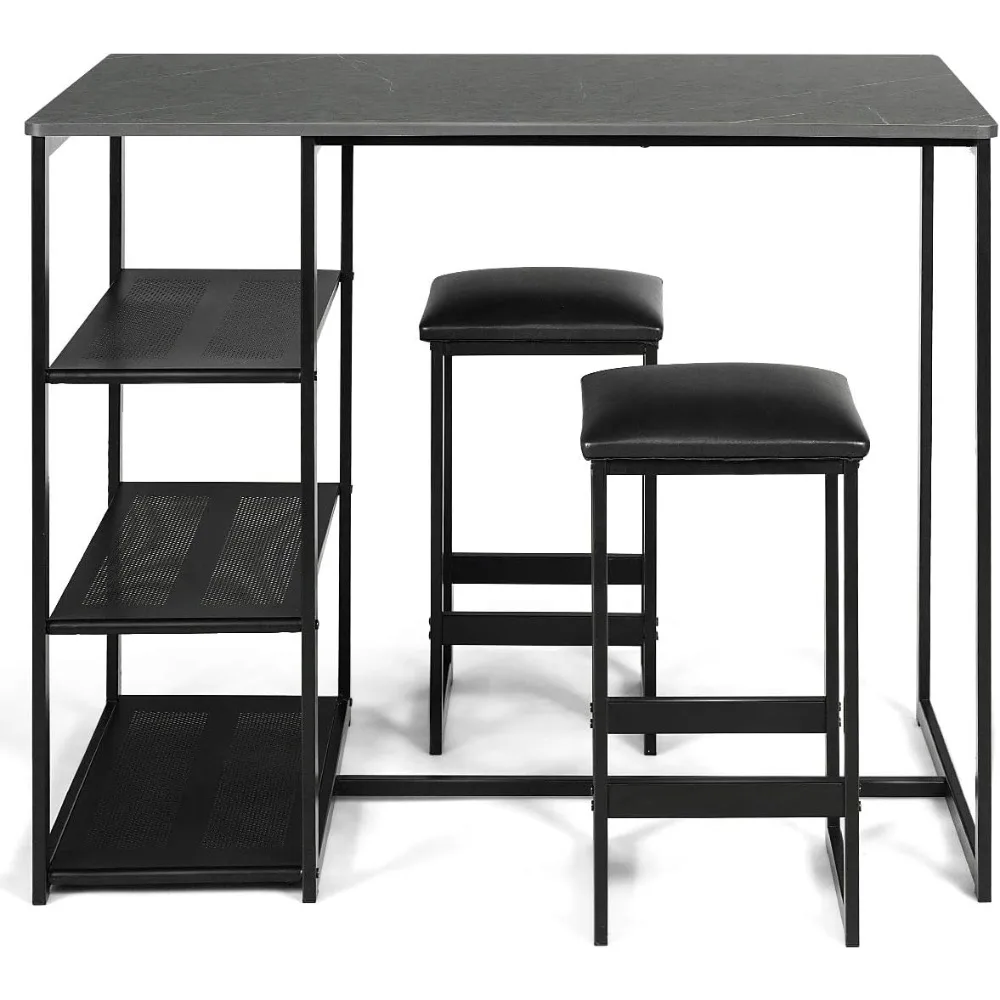 3-Piece Dining Set, Compact 2 Chairs and Table Set, Kitchen Set with Rectangular Faux Marble, 3 Metal Storage Shelves