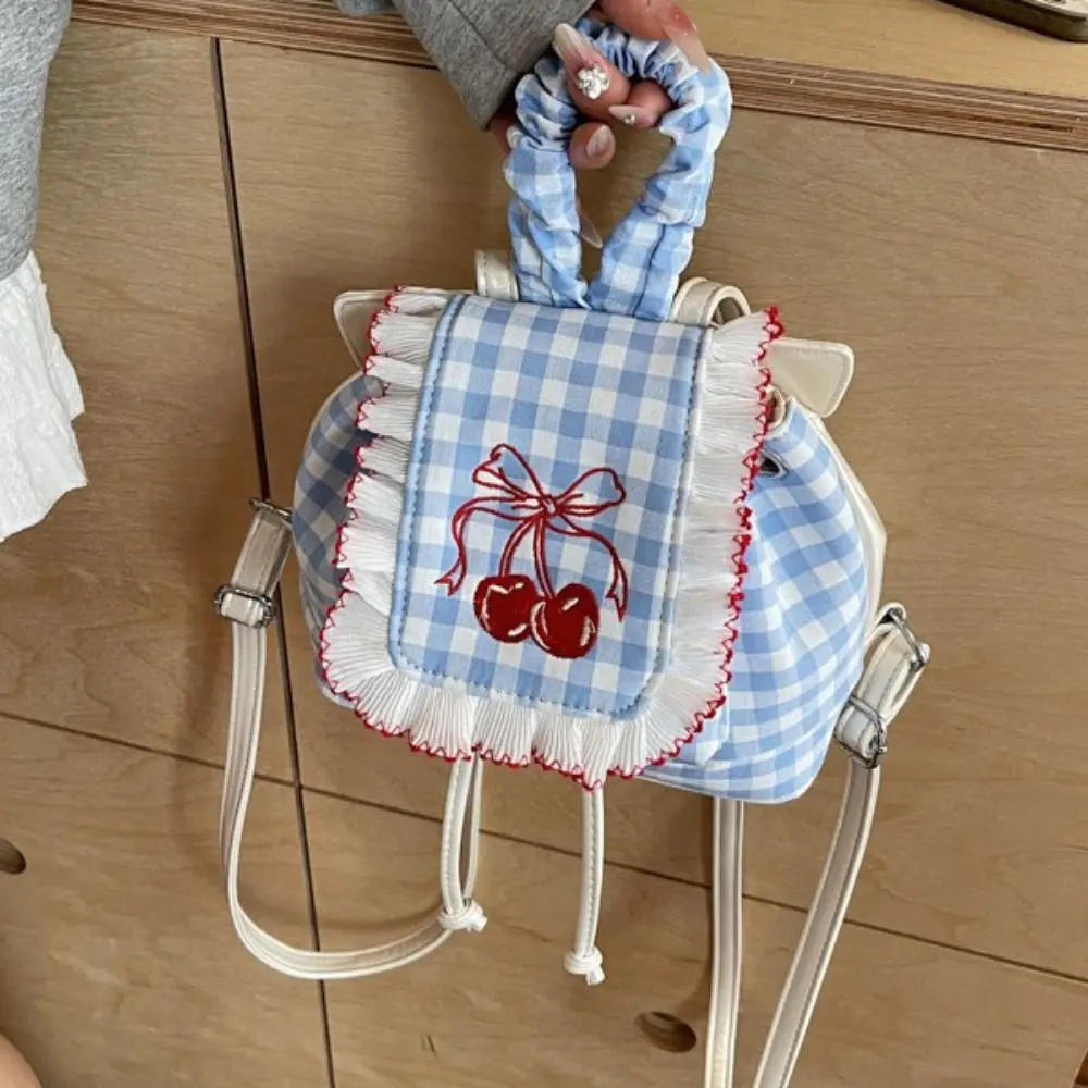 

Casual Korean Style Lace Plaid Backpack Travel Canvas Cherry Backpack Commute Book Bag Bow Shoulder Bag Women