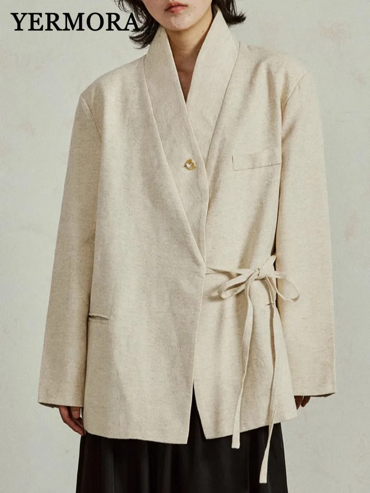 

YERMORA Apricot Bandage Pockets Vintage Blazer For Women V-neck Long Sleeve Loose New Jacket Fashion Tide Spring Autumn 2025