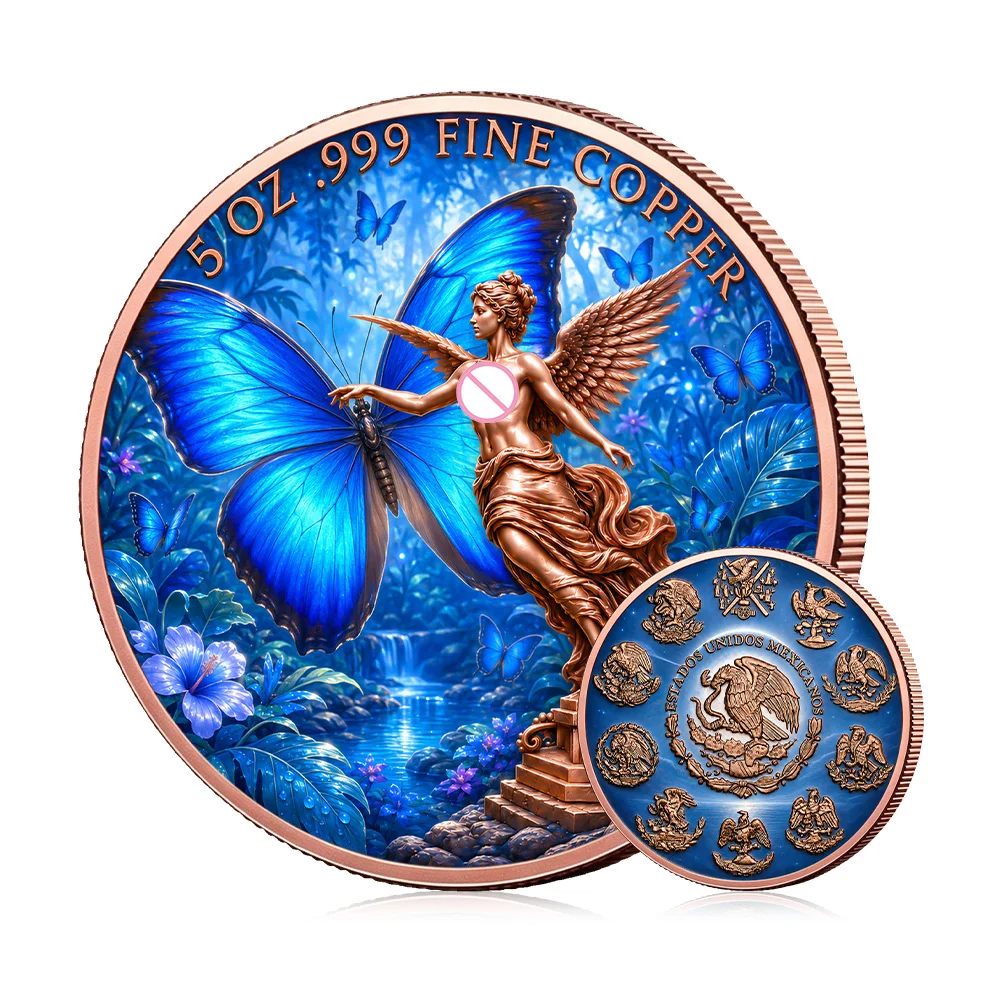5oz .999 Fine Copper Round Angel Independence Blue Morpho Butterfly Mexico Eagle Serpent Floral Colorized Art Desk Decor Gift