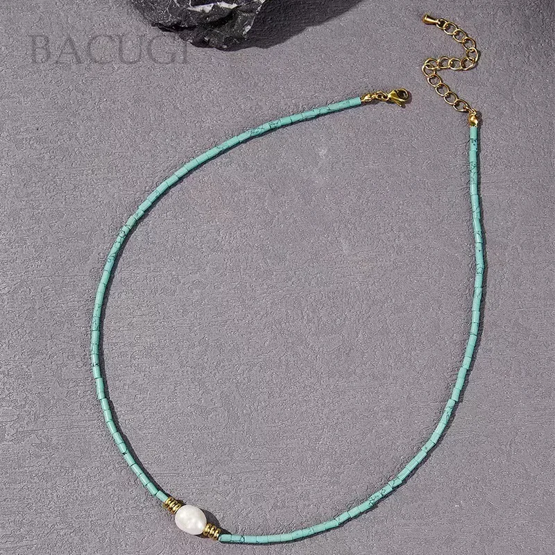 2026 جديد حصري البوهيمي الأزرق الحجر الطبيعي حبة لؤلؤ طبيعي قلادة القلائد للنساء بوهو المختنق Collares #4