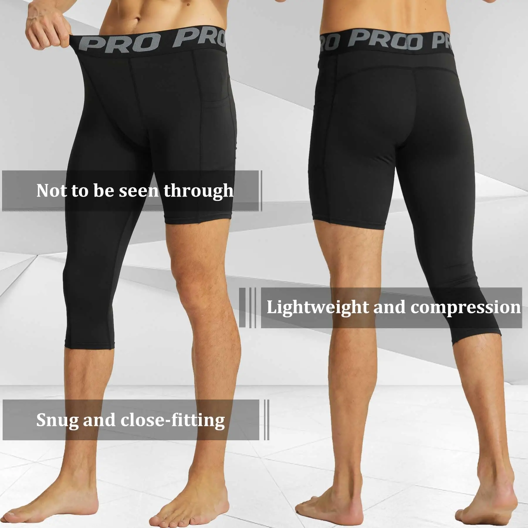 Men's One Leg Compression Tights for Four Seasons 3/4 Basketball Leggings Single Leg Athletic Pants with Pockets for RunningM-XL
