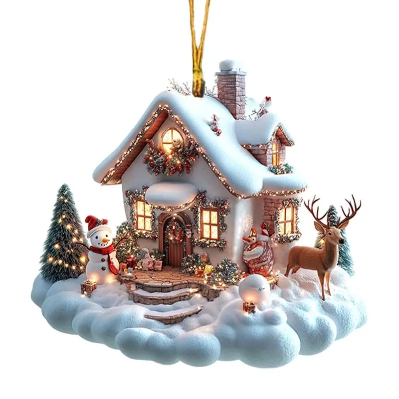 2D Flat House Christmas Ornament Acrylic Winter Pendant With Christmas Tree Design Charming Snow House Pendant For Holiday