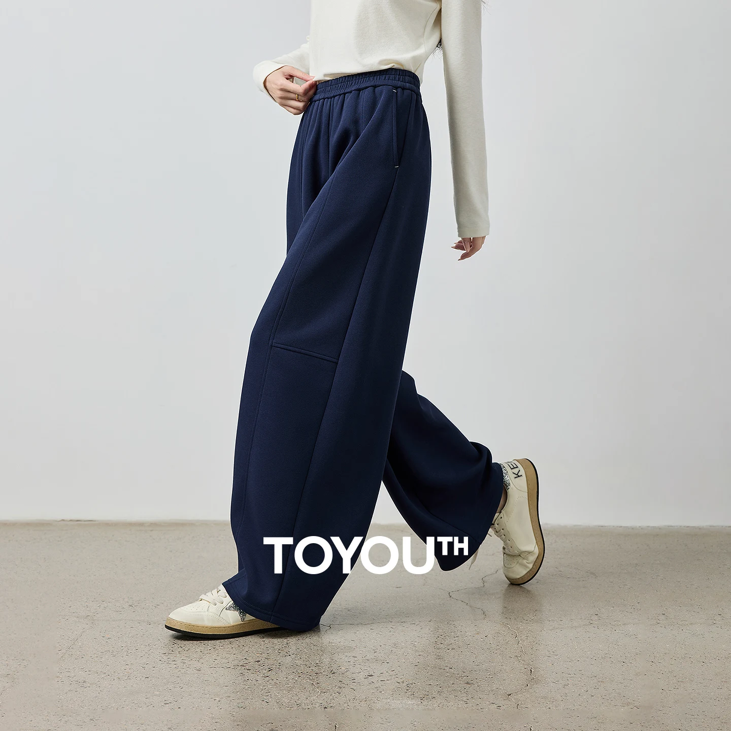 TOYOUTH Women's Navy Blue Full Length Wide Leg Pants 2026 Fall New Elastic Waist Slimming Tummy Control Seam Detail