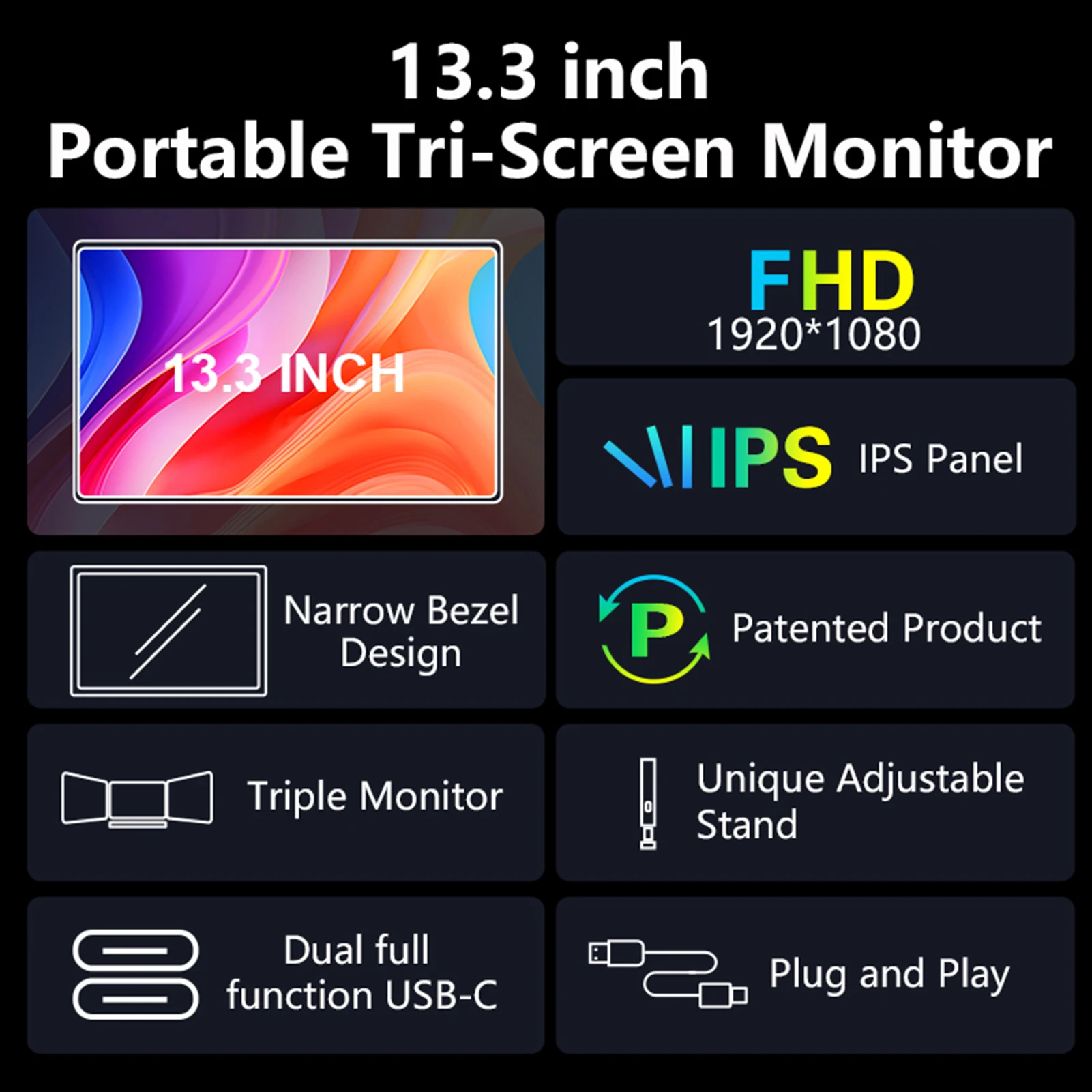 

13,3-дюймовый удлинитель экрана ноутбука 1080P FHD портативный тройной монитор для ноутбука складной удлинитель монитора с гибкой подставкой для переноски