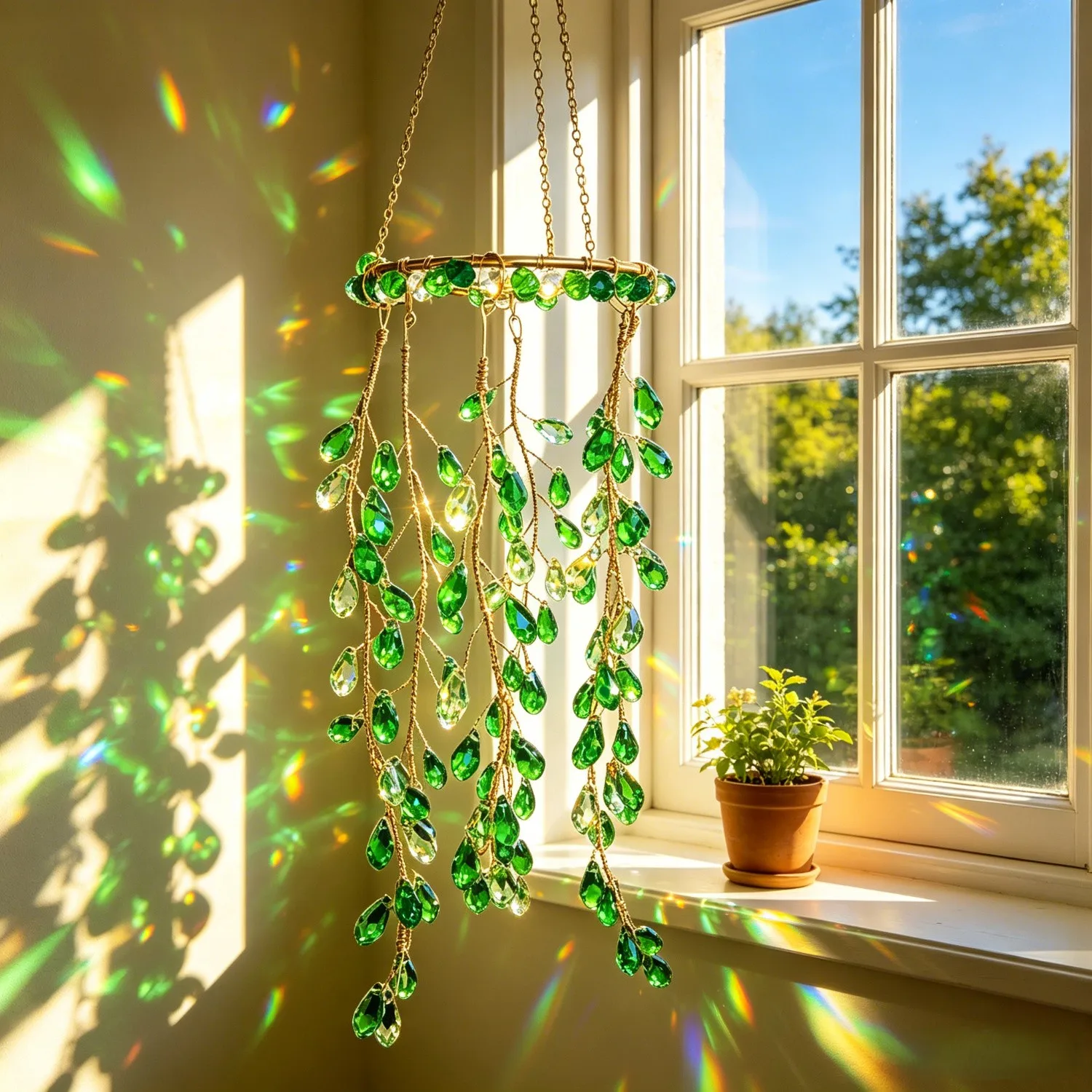 Hanging Glass Beads Osier Tree Sun Catcher Vibrant Light Reflection Artistic Home Accent Gold-toned Metal Chains