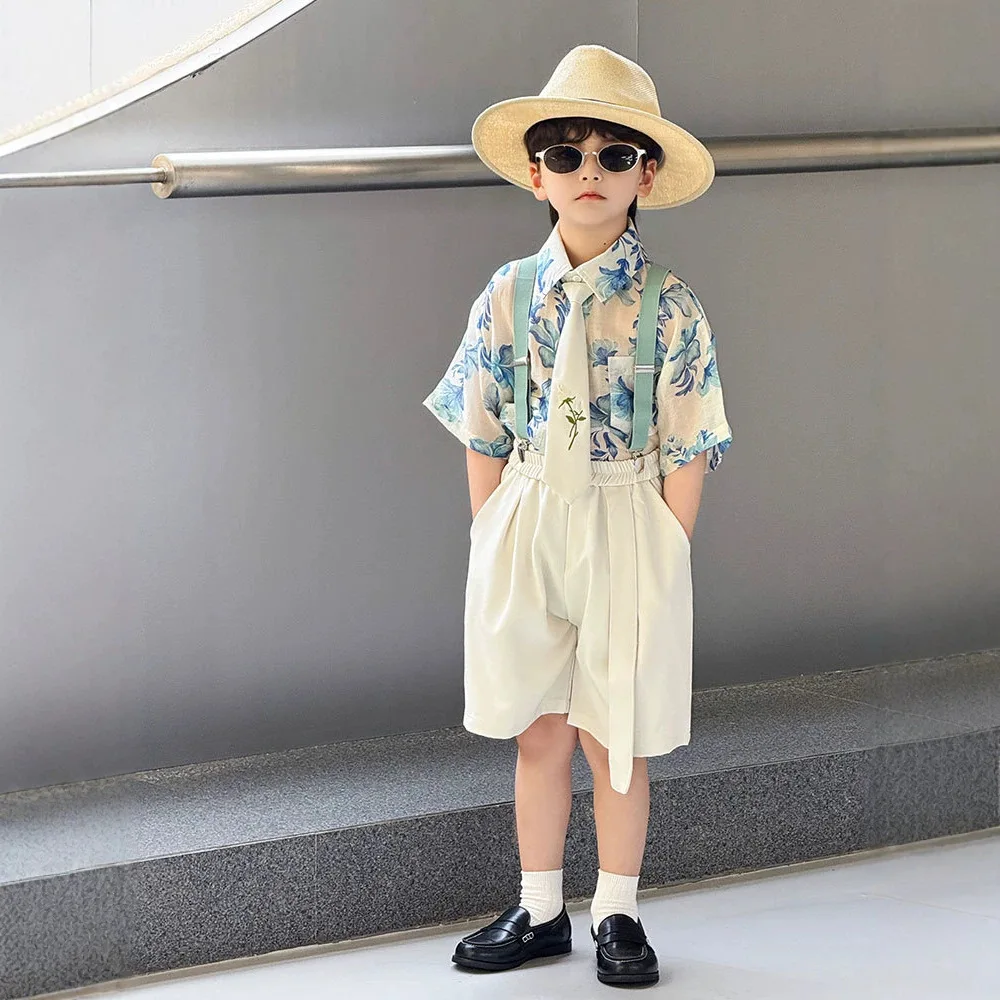 Boys 3Pcs Floral Outfit Set Blue Flower Print Shirt + White Shorts with Tie/Suspenders Summer Wedding Birthday Party Wear 8 10 Y