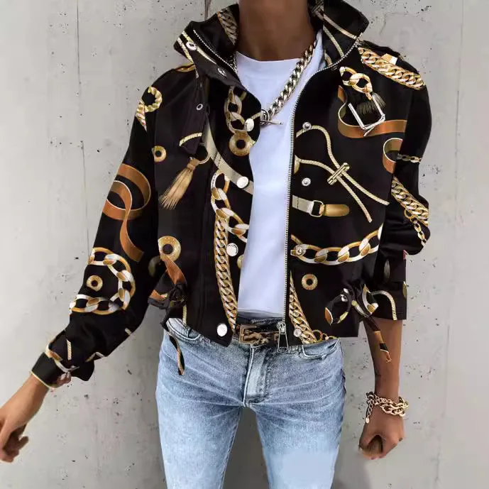 

Button Zipper Short Jackets Women Long Sleeve Polo Collar Print Short Casual Coat Outwear Pockets Workwear Style Jackets Coats