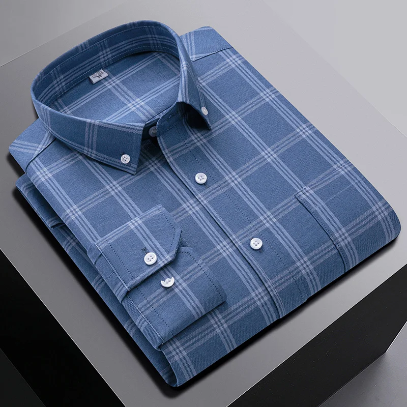 Camisas de manga larga oxford para hombres, Camisa lisa formal de abeto delgada, tops blancos de oficina, ropa elegante a rayas, 100% algodón, talla