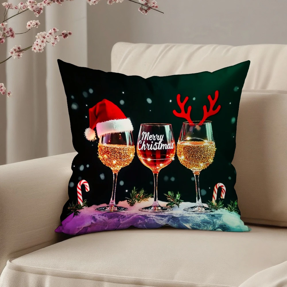 Decorative Square Throw Pillow Case Black Christmas Wine Glasses With Santa Hat And Reindeer Antlers Merry Christmas Text Festiv