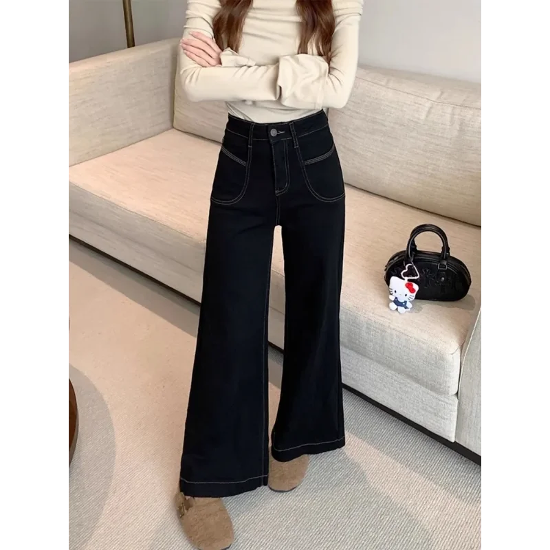 Women Black Bootcut Jeans Spring Autumn New Style Loose Slim Fit Pear Shape Friendly High Waist Versatile Wide Leg Pants WJ687