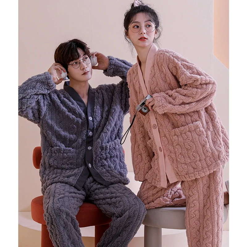 Japan Kimono Sweet Couples Winter Thicken Flannel Pajamas Set Men and Women Matching Nightwear Coral Fleece Home Clothes