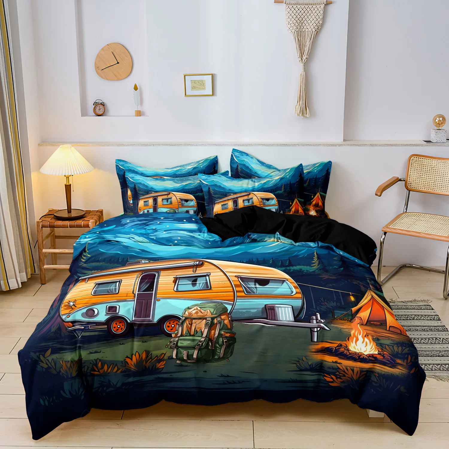 Outdoor Camper Trailer Print Duvet Cover, 3Pcs Starry Night Forest Mountain RV Caravan Campfire Tent Adventure Pattern Bedding
