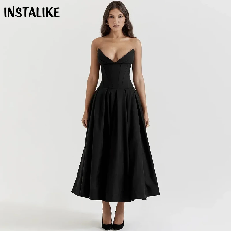 

Women InstaLike Black Corsets,Elegant Wedding Events Tube Dress,Sexy Strapless Dress,Midi Luxury Party Dresses,Women Clothing,