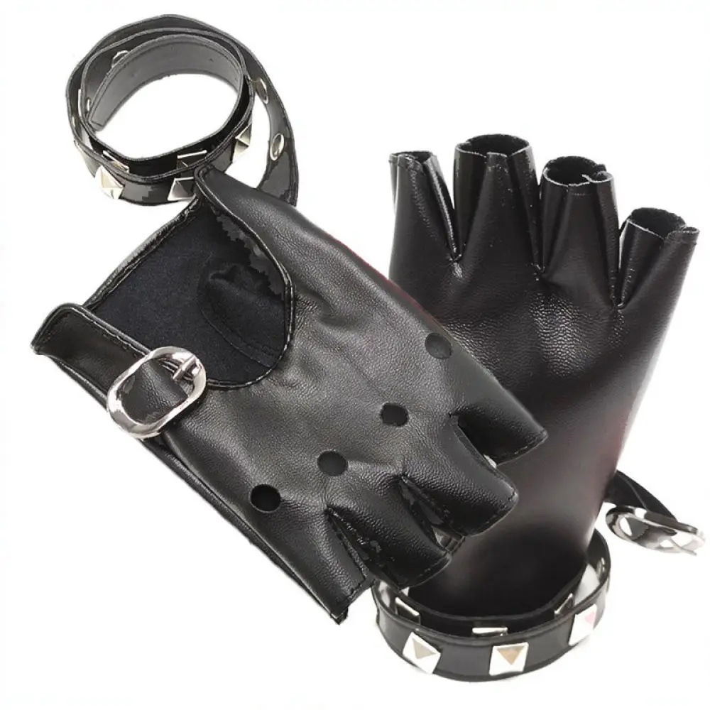For For Luibingguiwang Punk Rivet Gloves Hollow Out Strappy Faux Leather Mittens Stage Show Street Hip Hop Accessories Unisex