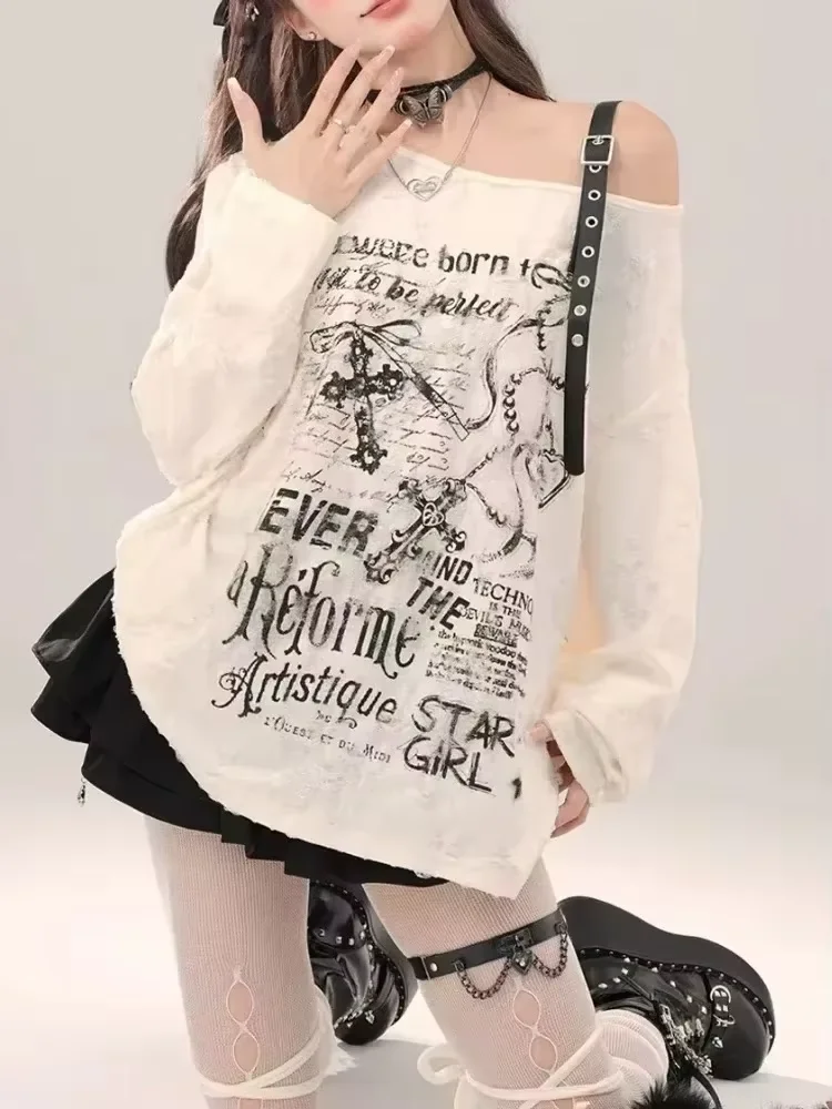 Camiseta gótica Grunge oscura con agujeros para mujer, camisetas sexys con hombros descubiertos Harajuku, Tops con estampado de letras Punk para mujer 2024