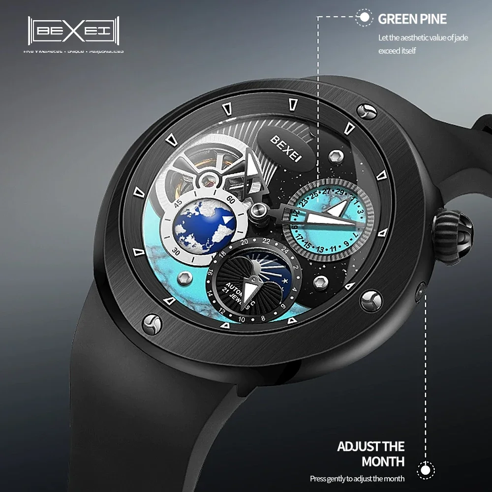 BEXEI Automatic Mechanical Watch for Men Goose Egg Case Turquoise Dial Coated Crystal Luminous Waterproof Business Watch