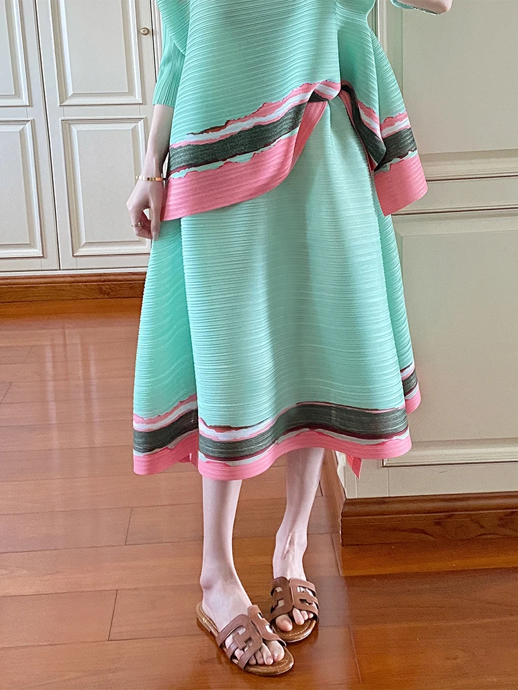Frauen Eleganten Anzug Farbe Blockieren Unregelmäßigen T-shirt Hoher taille Casual Große Yards Halb Rock 2025, Sommer Neue Weibliche Kleidung