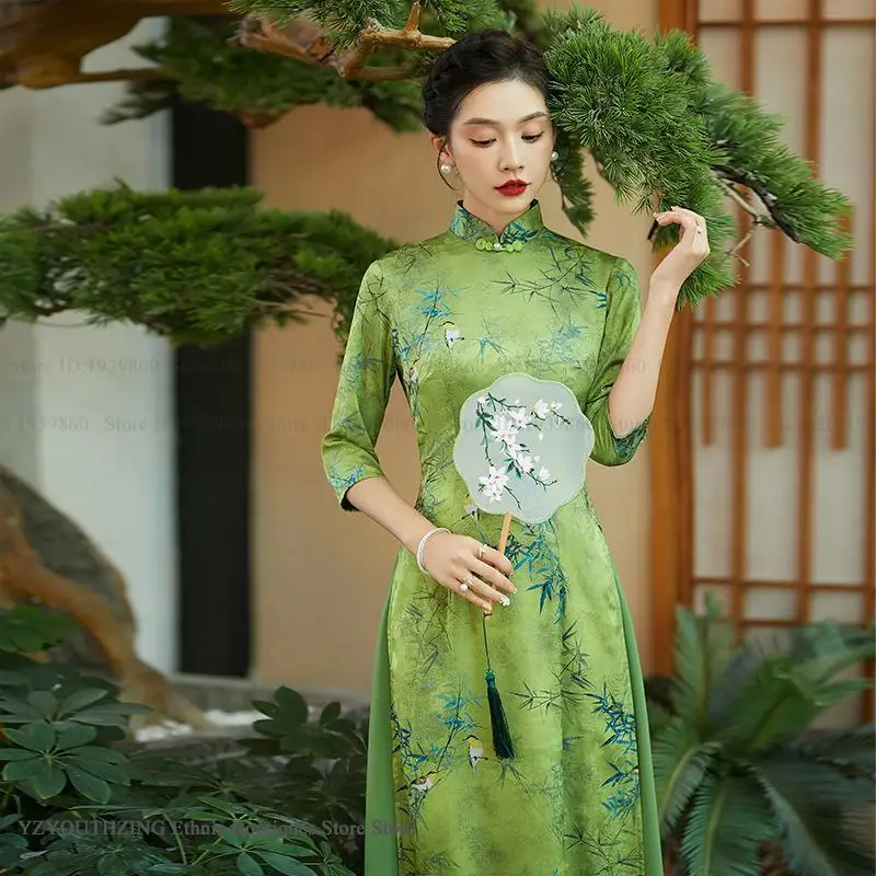 

Large Size 5XL Chinese Style Qipao Aodai Print Bamboo Cheongsam Oriental Vintage Classical Vestidos Women's Satin Chinese Dress