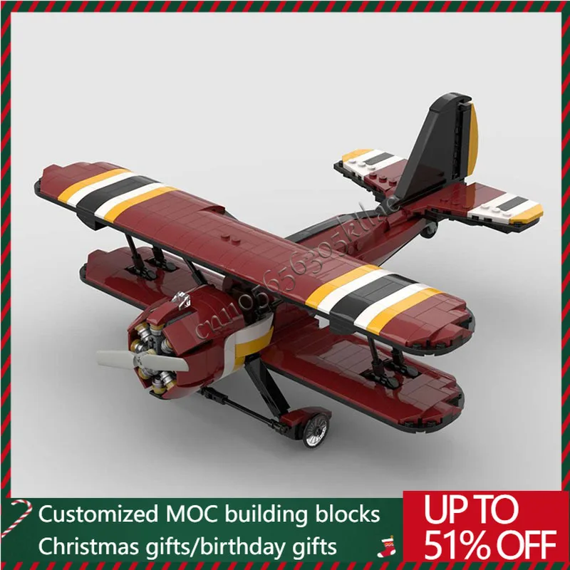 

669 PCS MOC Exquisite Wine Red Vintage Biplane Building Blocks Bricks Model Educational Assembly Toy For Children Christmas Gift
