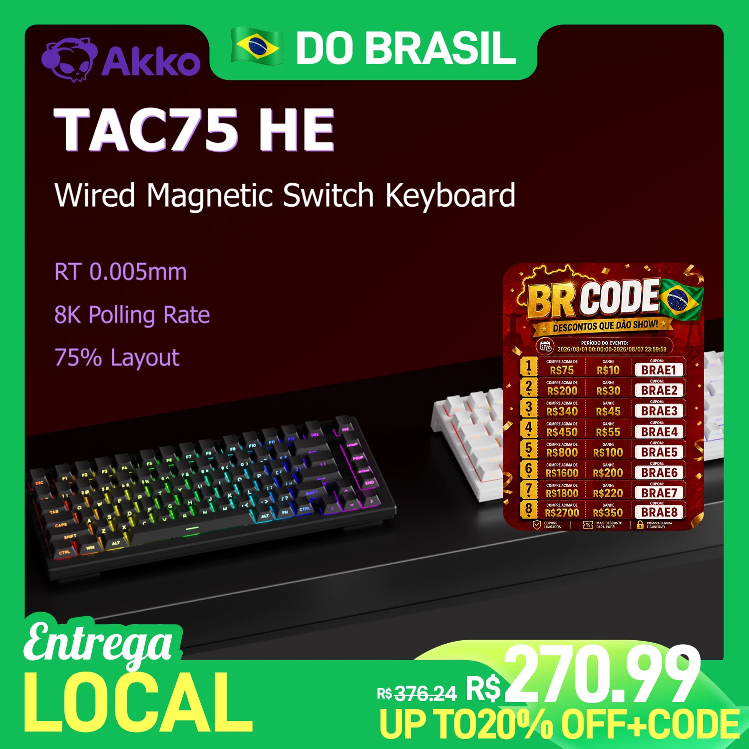 Ship From BrazilAkko TAC75 Mechanical Magnetic Switch Rapid Trigger 0.005mm ARGB 8K Polling Rate Wire 75% Layout Gaming Keyboard