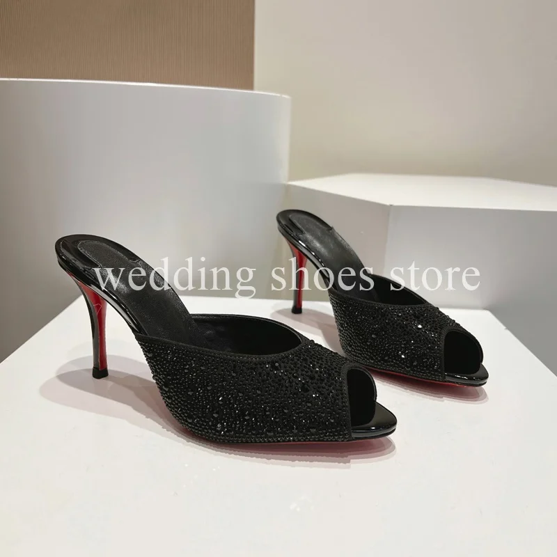 Super Flash Rhinestone Peep-toe High Heels Wedding Shoe Slippers Fashion Leather Summer Banquet Party Stiletto 8.5cm Women Shoes