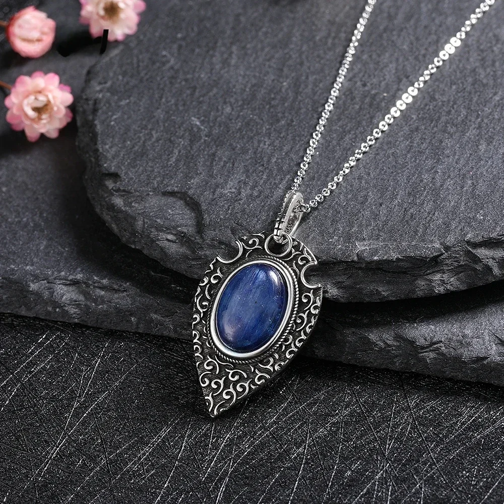 S925 Sterling Silver Natural Kyanite Pendant Women's Necklace Vintage Style Jewelry Accessories Wedding Party Anniversary Gifts