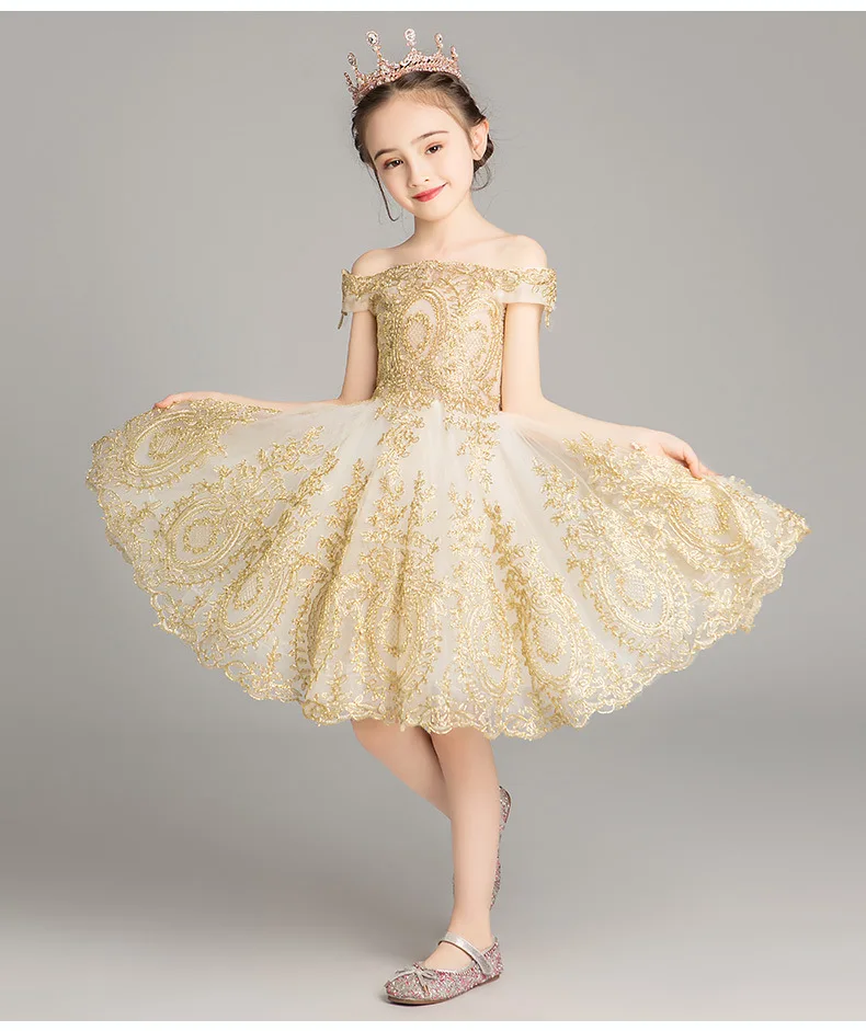 

Golden Sequin Lace Girl Wedding Dress Off Shoulder Party First Communion Gown Kids Girl Pageant Princess Gown Flower Girl Dress