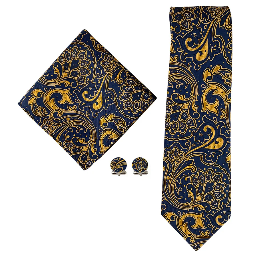 Men Business Tie Set New Elegant Tie Paisley Stripe Pocket Square Cufflinks 3 Pcs Wedding Business Formal Party Accessories
