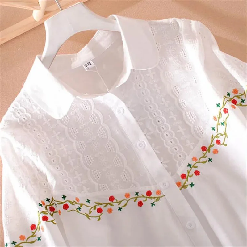 Pure Cotton Ladies Shirt Vintage Embroidered Blouses For Women White Top National Summer Clothes Laple Cardigan Female Shirt