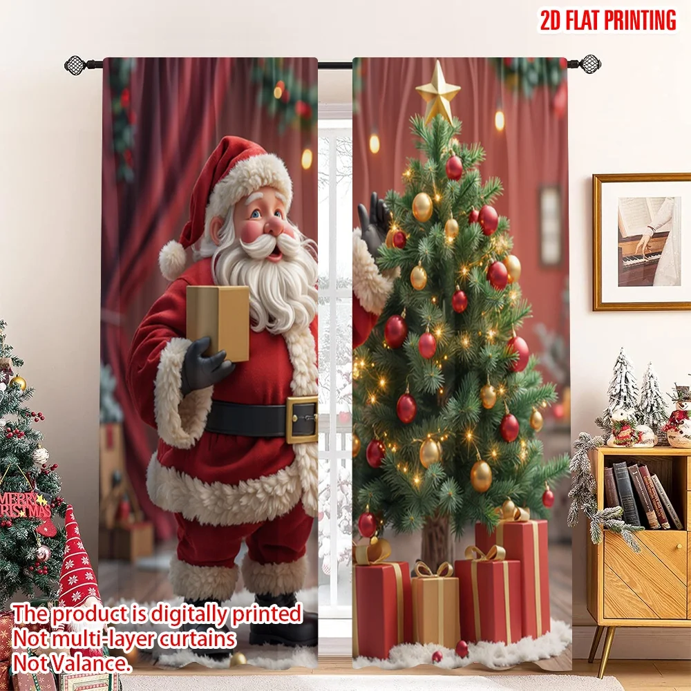

2pcs 2D flat printing Christmas Window Curtains Santa Claus Gifts Christmas Tree_c Polyester Without Electricity Festive Wall