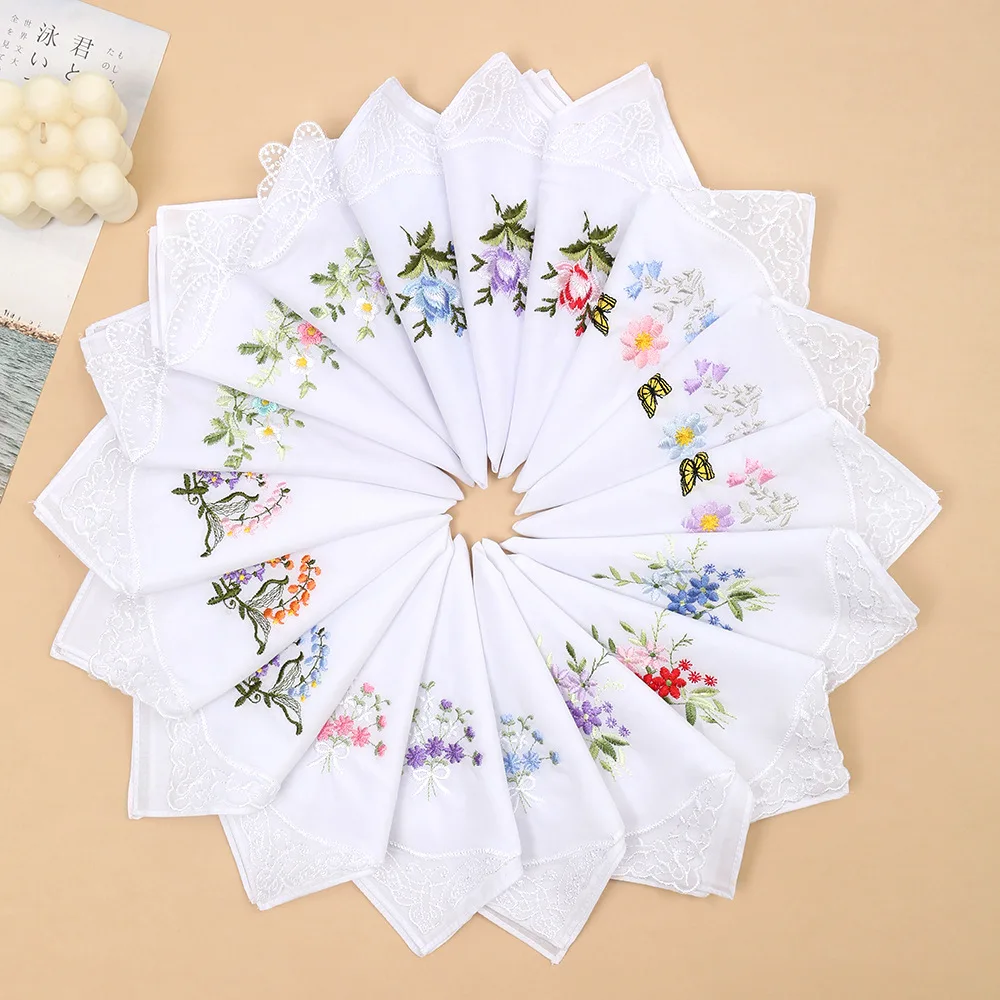 3Pcs Combed Cotton Handkerchief White Lace Embroidery Soft Square Hanky Elegant Women Wedding Daily Decorative Pocket Towel Gift
