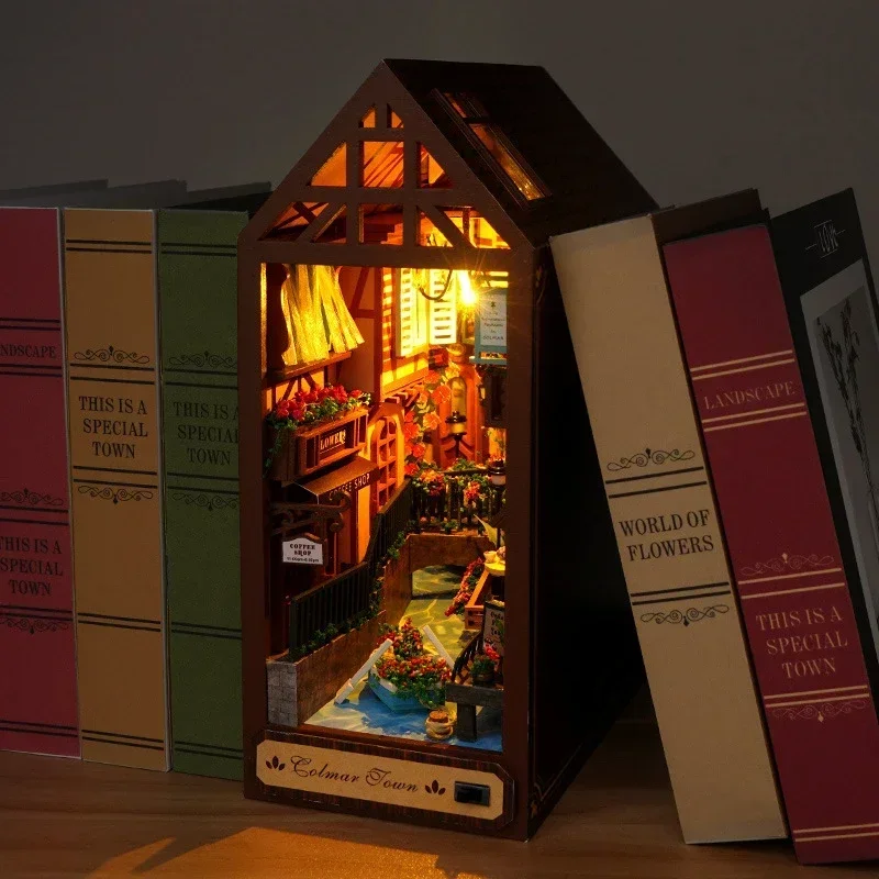 

Creative DIY Wooden Book Nook Shelf Insert Miniature Kit, Fairy Tale Town Bookshelf Doll House Home Bookend Decor Handmade Gifts