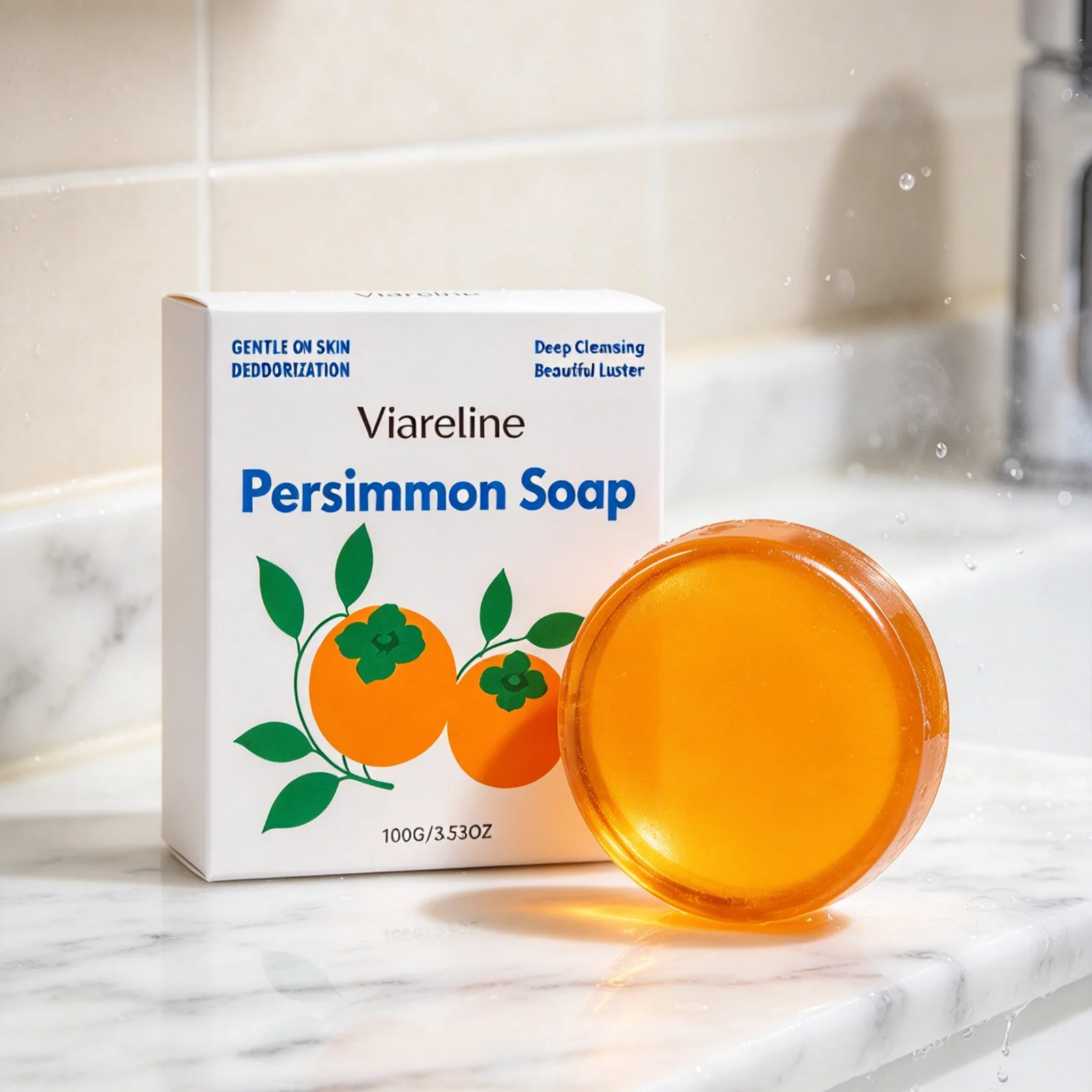 Viareline Persimmon Soap Deep Cleansing Gentle Purification Deodorization Long Lasting Fresh Refreshing Cleansing Bar Soap 100g
