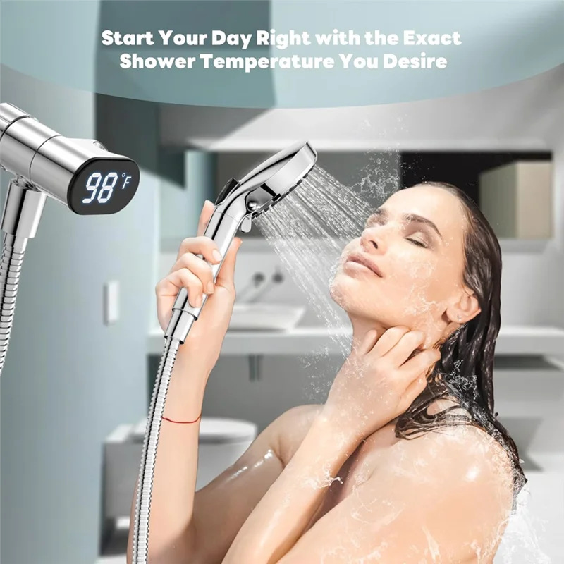 【جديد】محول العرض الرقمي للحمام المنزلي، قراءات درجة الحرارة المزدوجة، حامل رأس الدش المطلي بالكهرباء، شاشة رقمية #2