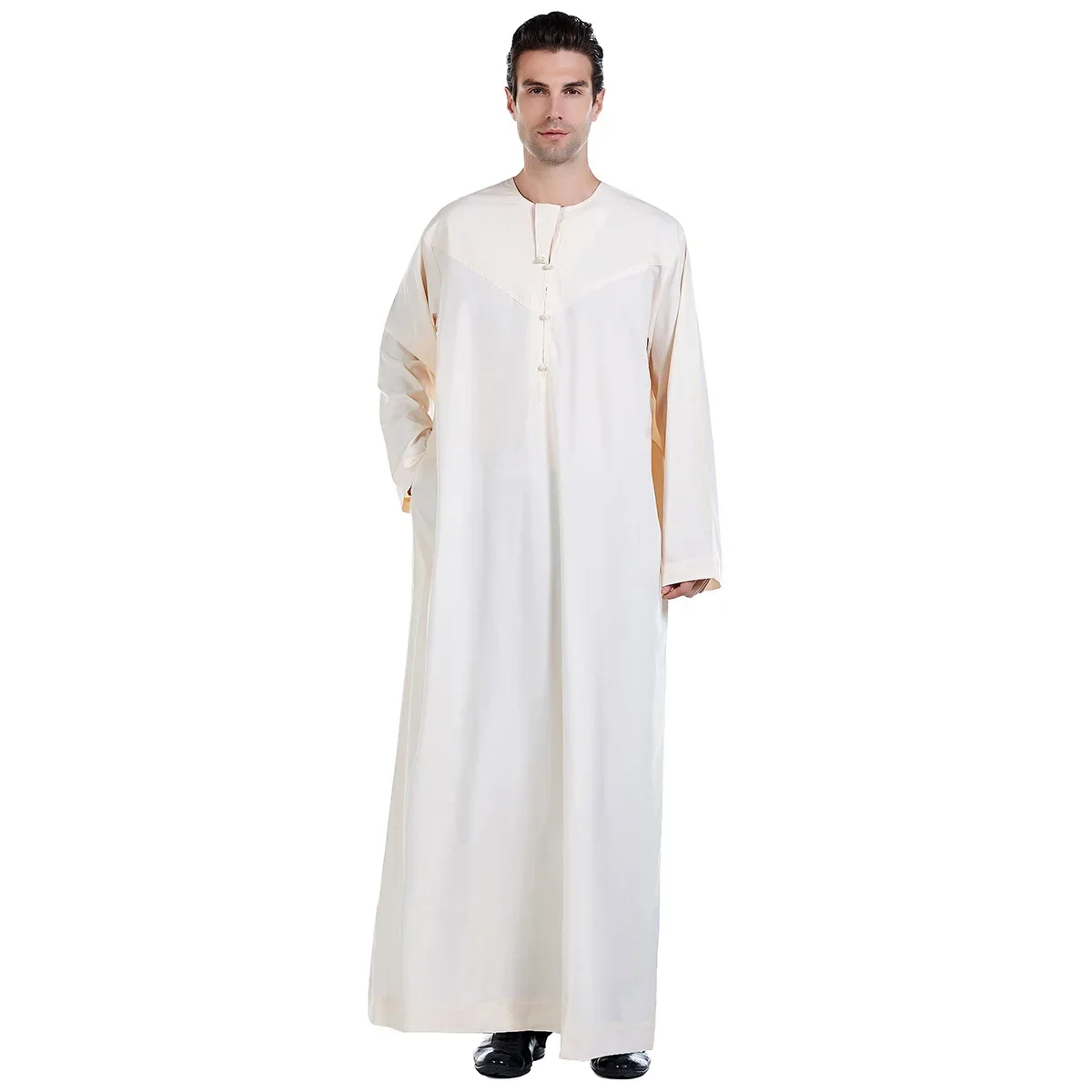 Mannen Abaya Solid Moslim Lange Mouw Knop Jurk Pakistan Islam Kleding Jubba Thobe Saudi Arabië Kleding Kaftan Oman Qamis Homme