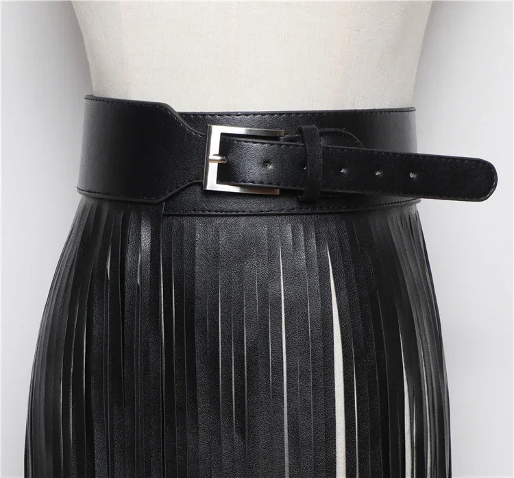 Women's Gothic Black Tassels Long Skirt Ladies High Waist Fashion Punk Style Slim-Fit Elegant Leather Skirt with Belt Autumn