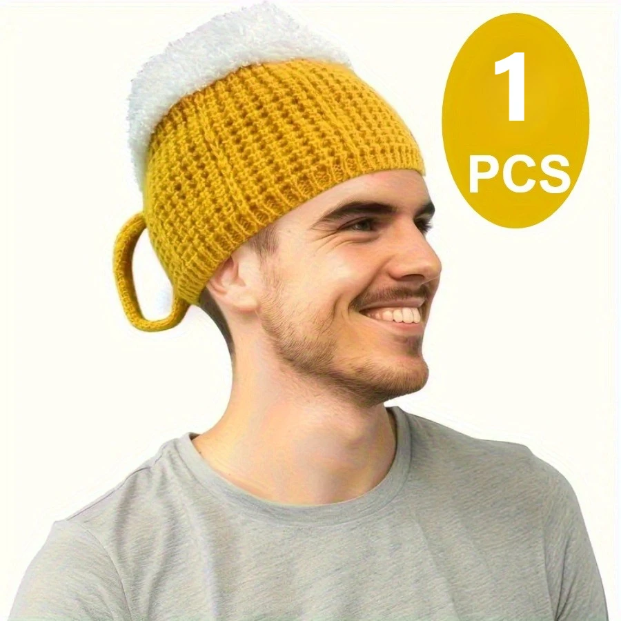 Neuartige Strickmütze in Bierkrug-Form, 1 Stück Warme Mütze mit Griff, Lustiges Kostüm-Accessoire für Winter, Partys & Alltäglichen Casual-Look – Detail 1