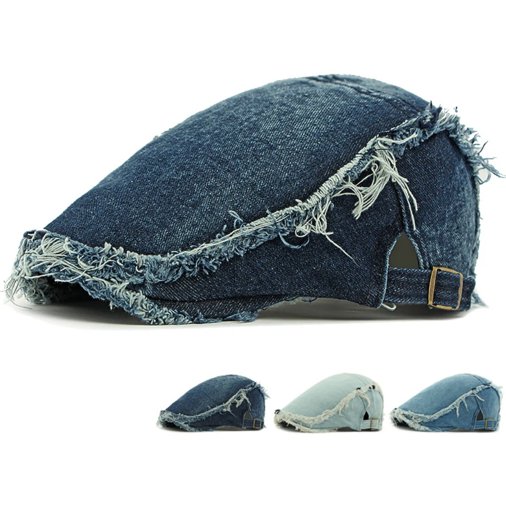 

HT4792 Beret Cap Stylish Shabby Brim Denim Beret Hat Artist Painter Hat Male Female Ivy Flat Cap Adjustable Berets for Men Women
