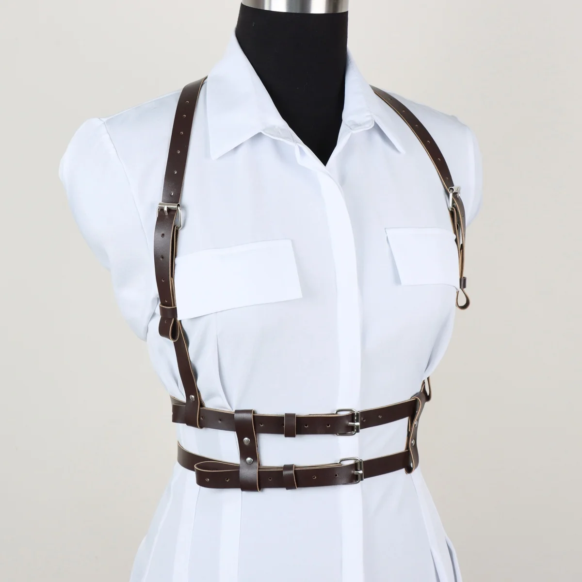 Damen Kunstleder-Set Steampunk Brustgurt + Oberschenkelholster Mittelalterliches Piraten-Cosplay-Kostüm Zubehör Halloween – Detail 4