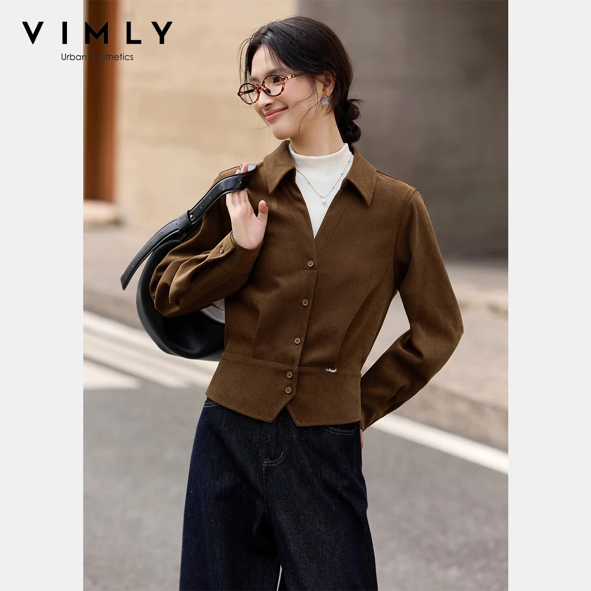 

VIMLY Women's Patchwork Shirt 2025 Autumn Stand Collar Mock Two-Piece Contrast Long Sleeve Blouses Vintage Daily Wear Tops A3399