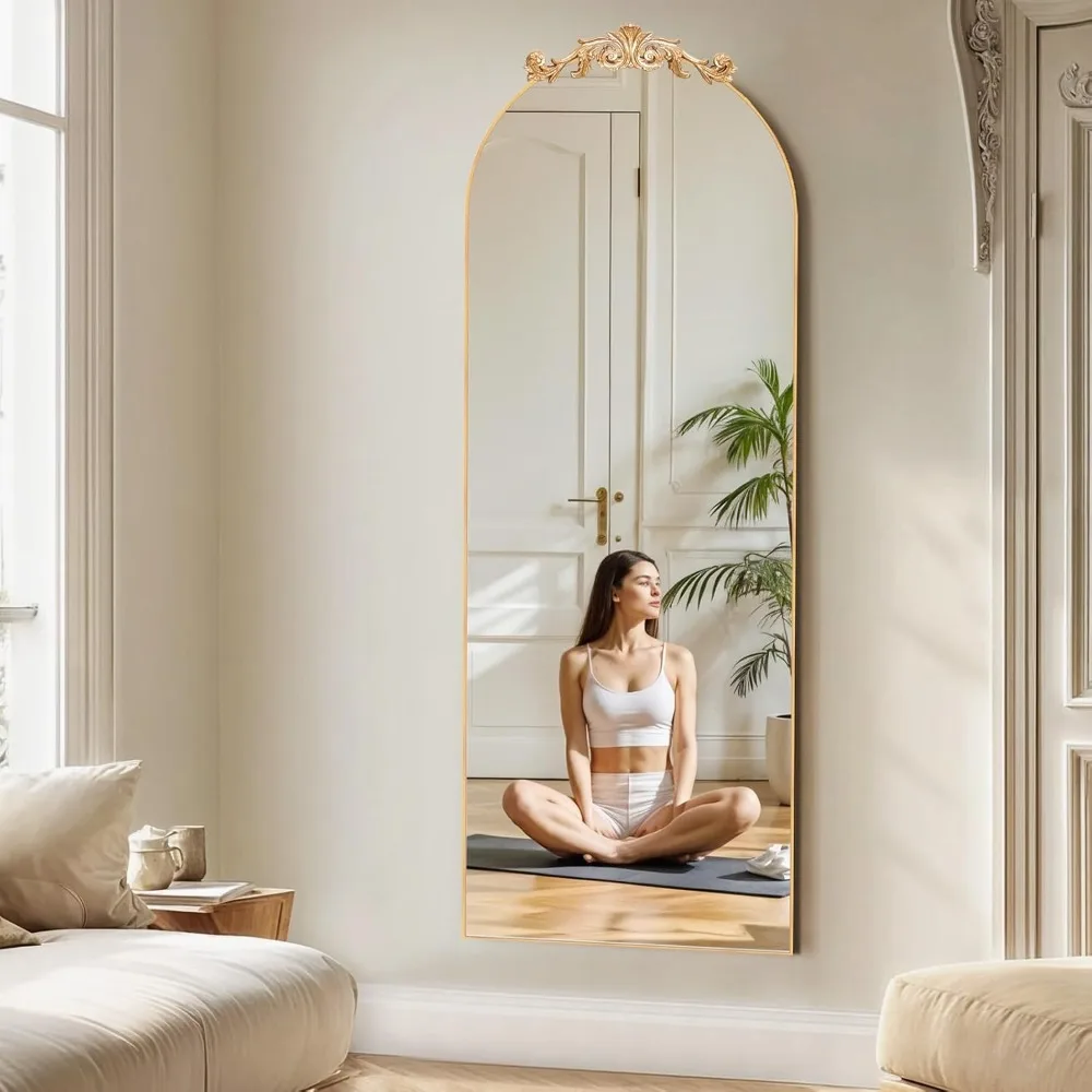 Antique Large Arched Full Body Mirror 65x24 Freestanding French Carved Top Vintage Baroque Style