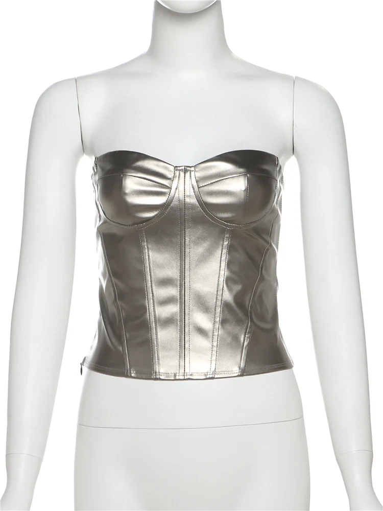 이상한 Puss 가죽 코르셋 탑 여성 우아한 Y2K 트렌드 패치 워크 와일드 기본 자정 섹시한 Hottie 클럽 여름 스키니 튜브 탑