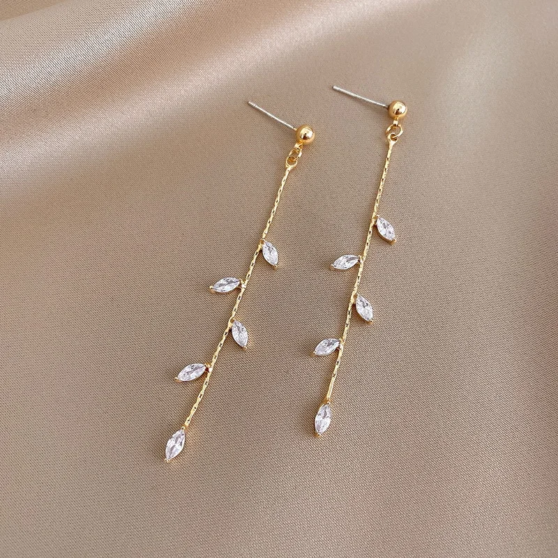 Exquisite Zircon Tassel Chain Dangle Earrings for Women Fashion Gold Plated Needle Willow Drop Earrings Jewelry Accessories