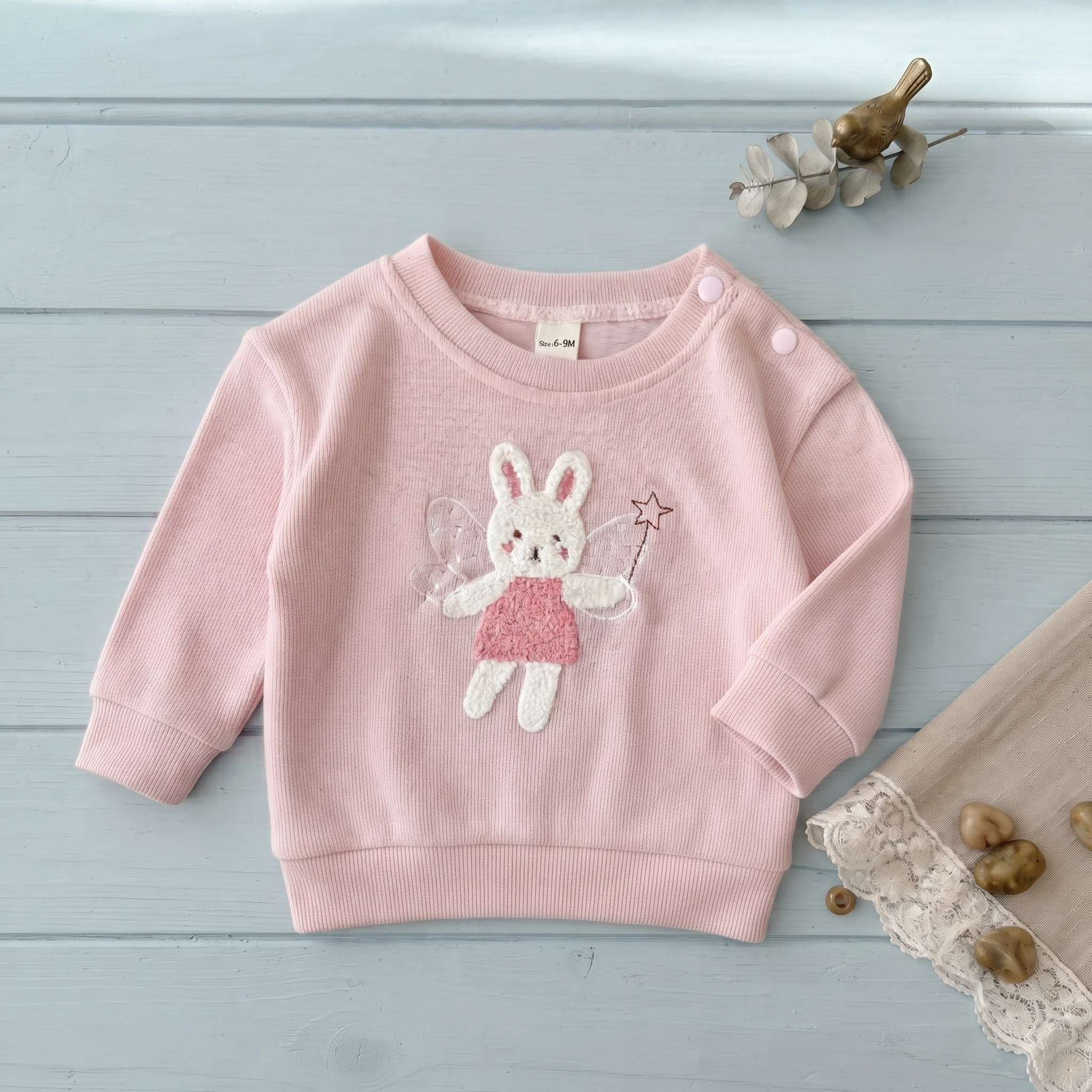 Korean Baby Girl Pink Bunny Towel Embroidery Set,Infant Crew Neck Top Waffle Knit Leggings 2Pcs Cute Outfit