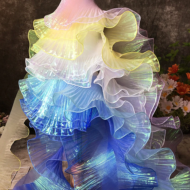 2 Yards Mermaid Pleated Flower Lace Magic Color Laser Gradient For Wedding Wave Striped Decoration Cloth Wide 15CM