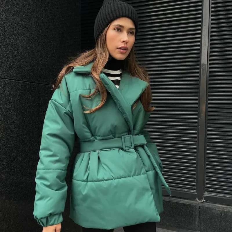 Frauen Baumwolle Puffer lose Turndown Kragen Parkas Mäntel Vintage Brot Krawatte Taille Jacken Outwear Winter Damen warme Stepp jacke