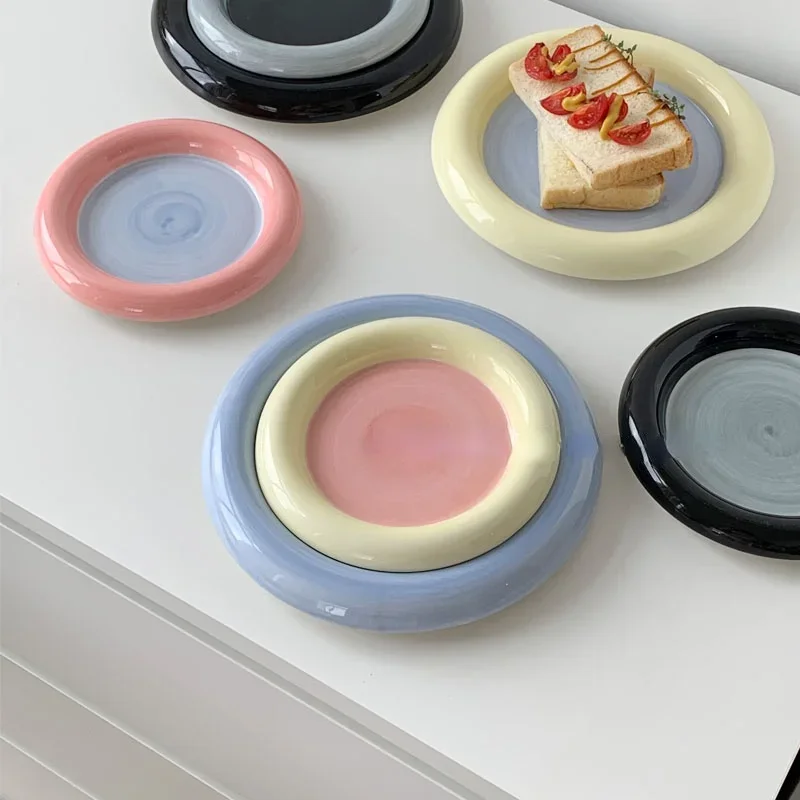 6\'\'8\'\' Korean Chubby Breakfast Plate Jewelry Storage Plate Dessert Cake Plate Fruit Storage Flat Bowl Cute Dish Plates Ceramic