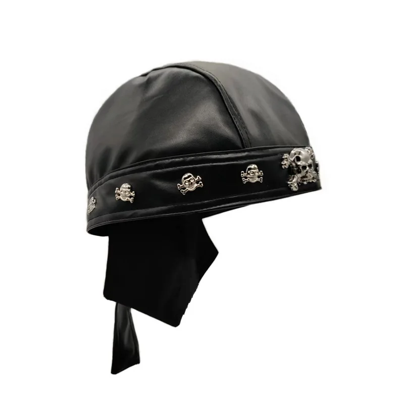 Skull Rivet Leather Case Head Strap Hat Prom Pirate Hat Niche Vintage PU Baotou Hat