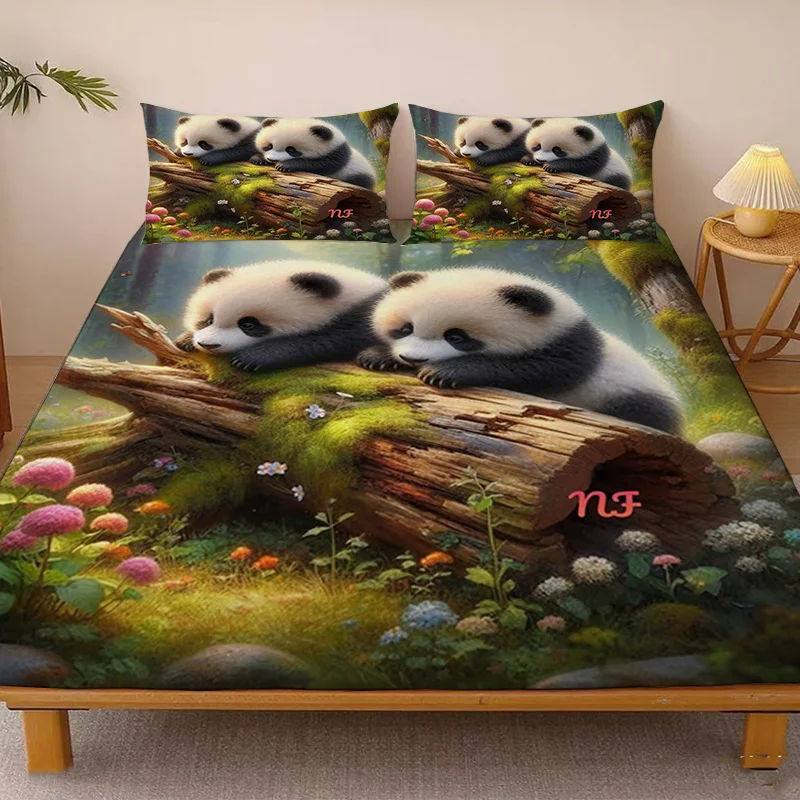 Forest Cuties Playing on Tree Stumps Cute Panda Bed Sheet 2D Digital Print Three-Piece Bedding Set (includes 1 bed sheet + 2 pillowcases) Mattress Protector, Elastic-Fitted Bed Sheet, Protective Cover, Mattress Protector, Japanese-Style Mattress Protector